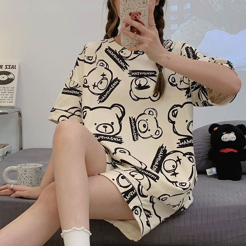Women's Short-Sleeve Cartoon Bear Pajama Set – Soft Home Loungewear