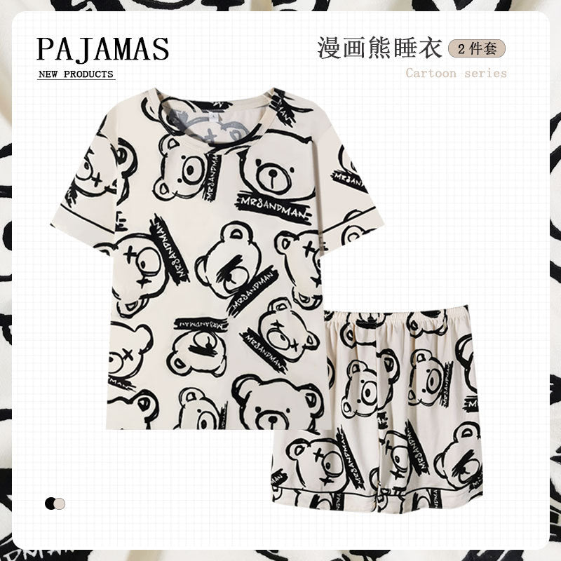 Women's Short-Sleeve Cartoon Bear Pajama Set – Soft Home Loungewear