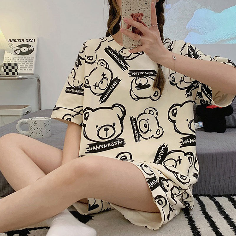Women's Short-Sleeve Cartoon Bear Pajama Set – Soft Home Loungewear