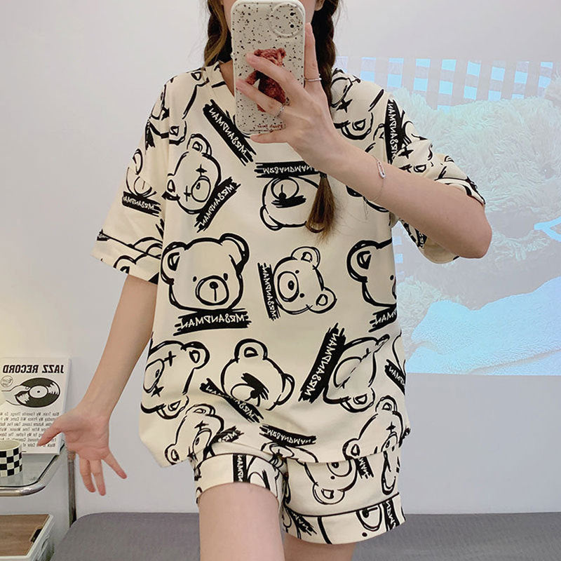 Women's Short-Sleeve Cartoon Bear Pajama Set – Soft Home Loungewear
