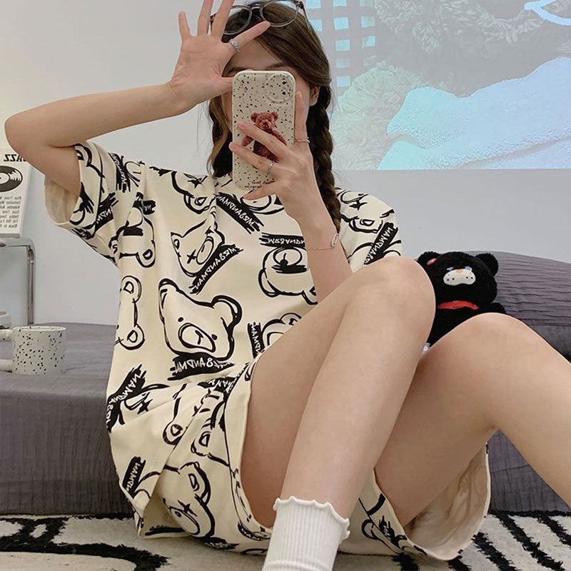 Women's Short-Sleeve Cartoon Bear Pajama Set – Soft Home Loungewear