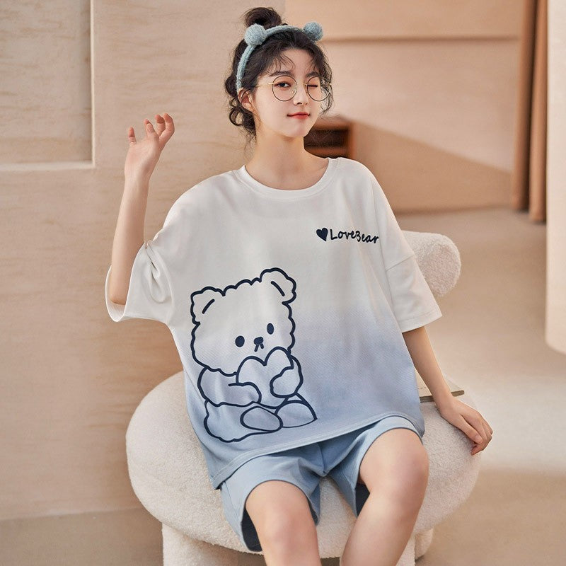 Women's Short-Sleeve Cartoon Bear Pajama Set – Soft Home Loungewear