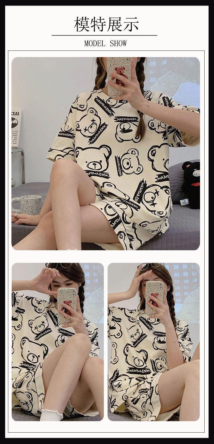 Women's Short-Sleeve Cartoon Bear Pajama Set – Soft Home Loungewear