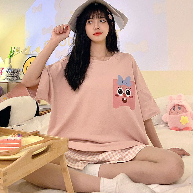 Women's Short-Sleeve Cartoon Bear Pajama Set – Soft Home Loungewear