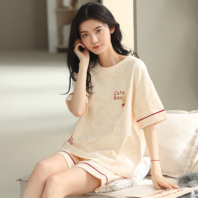 Women's Short-Sleeve Cartoon Bear Pajama Set – Soft Home Loungewear