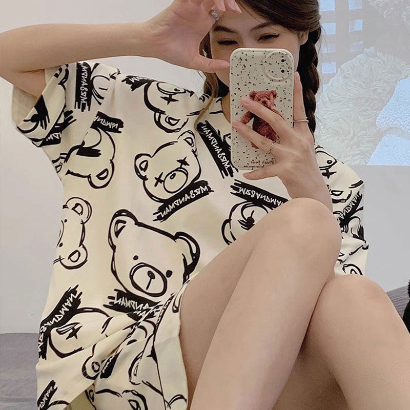 Women's Short-Sleeve Cartoon Bear Pajama Set – Soft Home Loungewear