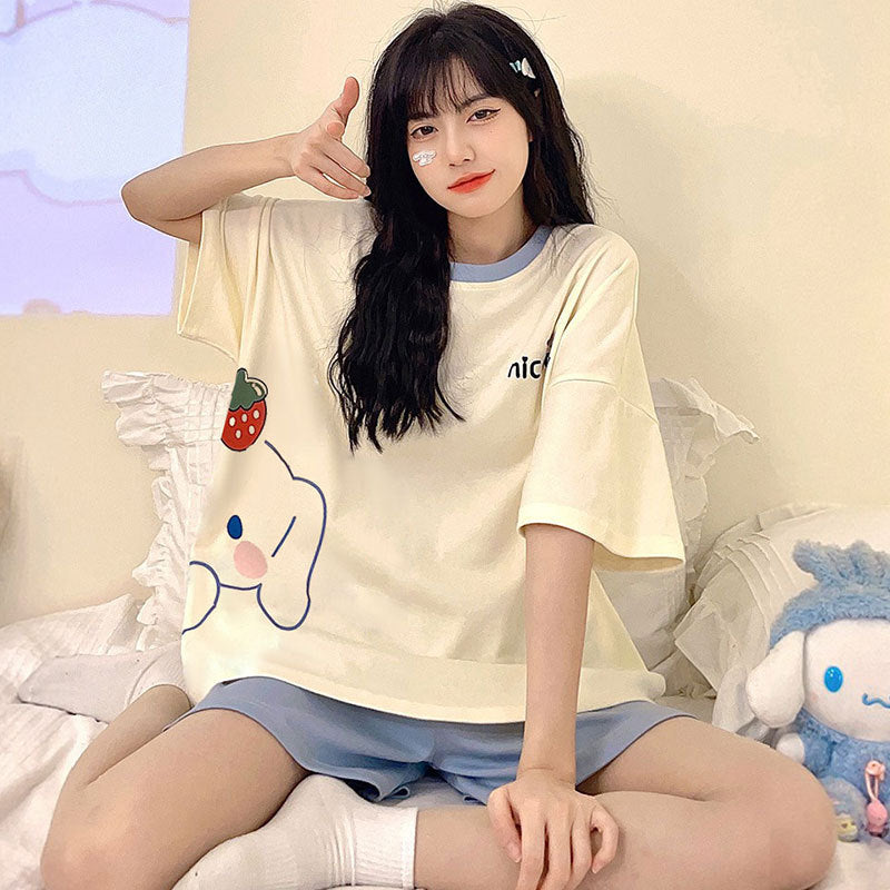 Women's Short-Sleeve Cartoon Bear Pajama Set – Soft Home Loungewear