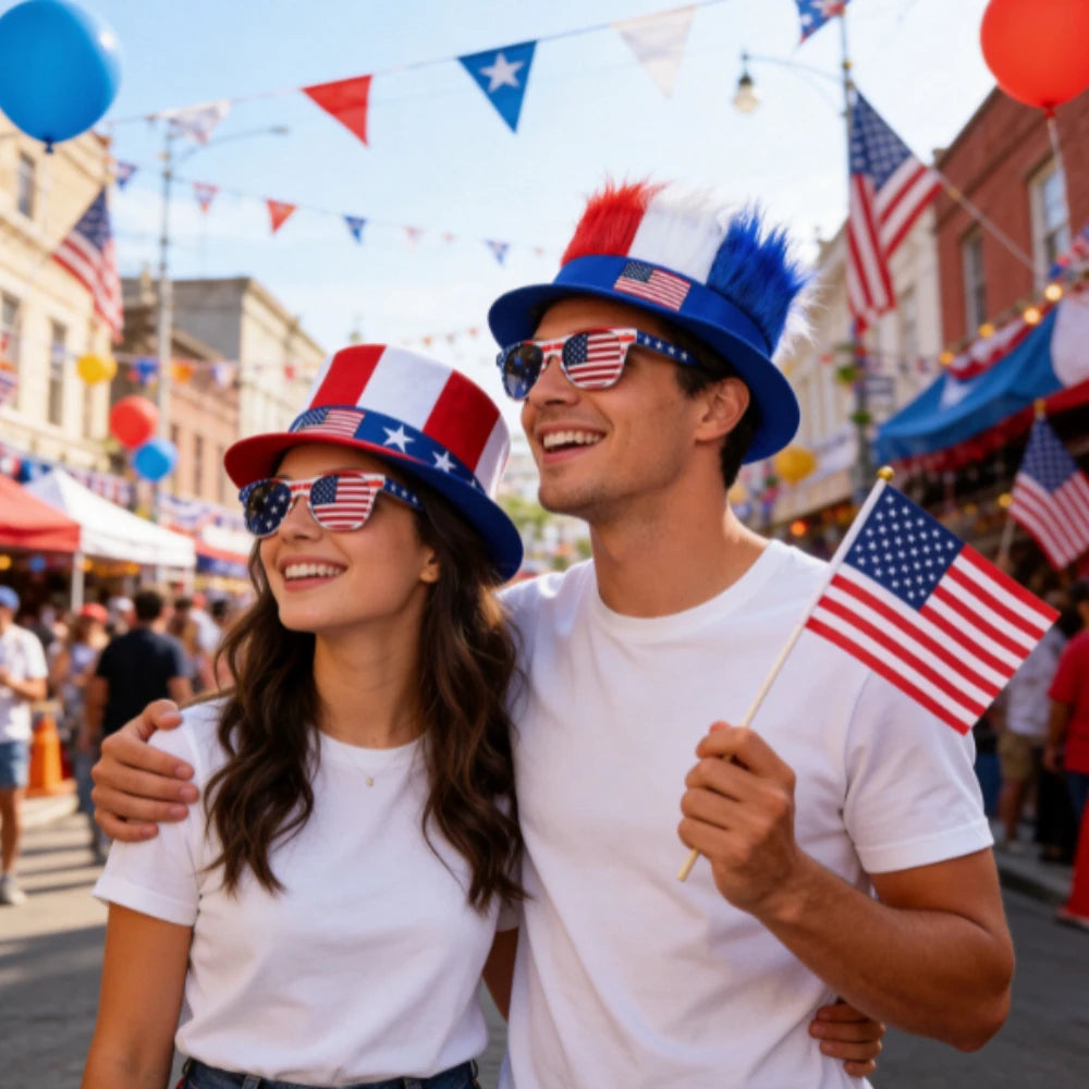 4th of July Patriotic Accessories Set, USA Flag Wig Hat Sunglasses Handheld Flags for Independence Day Parade Party