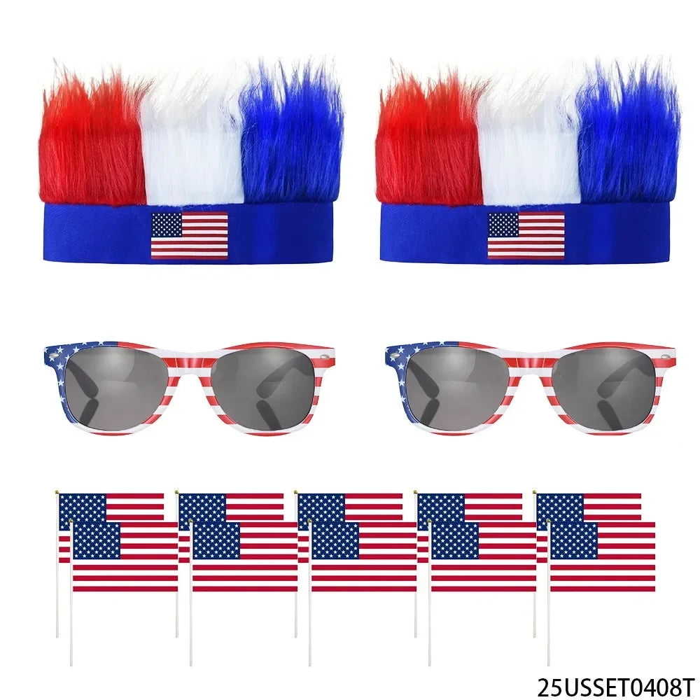 4th of July Patriotic Accessories Set, USA Flag Wig Hat Sunglasses Handheld Flags for Independence Day Parade Party