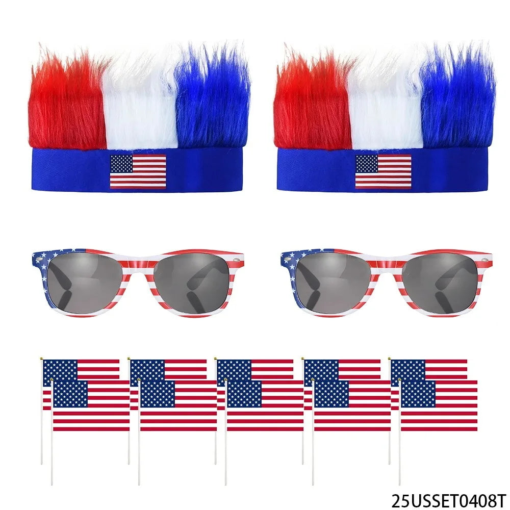 4th of July Patriotic Accessories Set, USA Flag Wig Hat Sunglasses Handheld Flags for Independence Day Parade Party