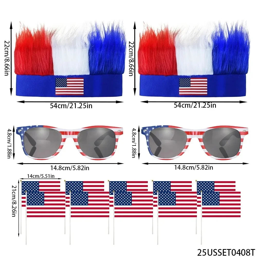 4th of July Patriotic Accessories Set, USA Flag Wig Hat Sunglasses Handheld Flags for Independence Day Parade Party